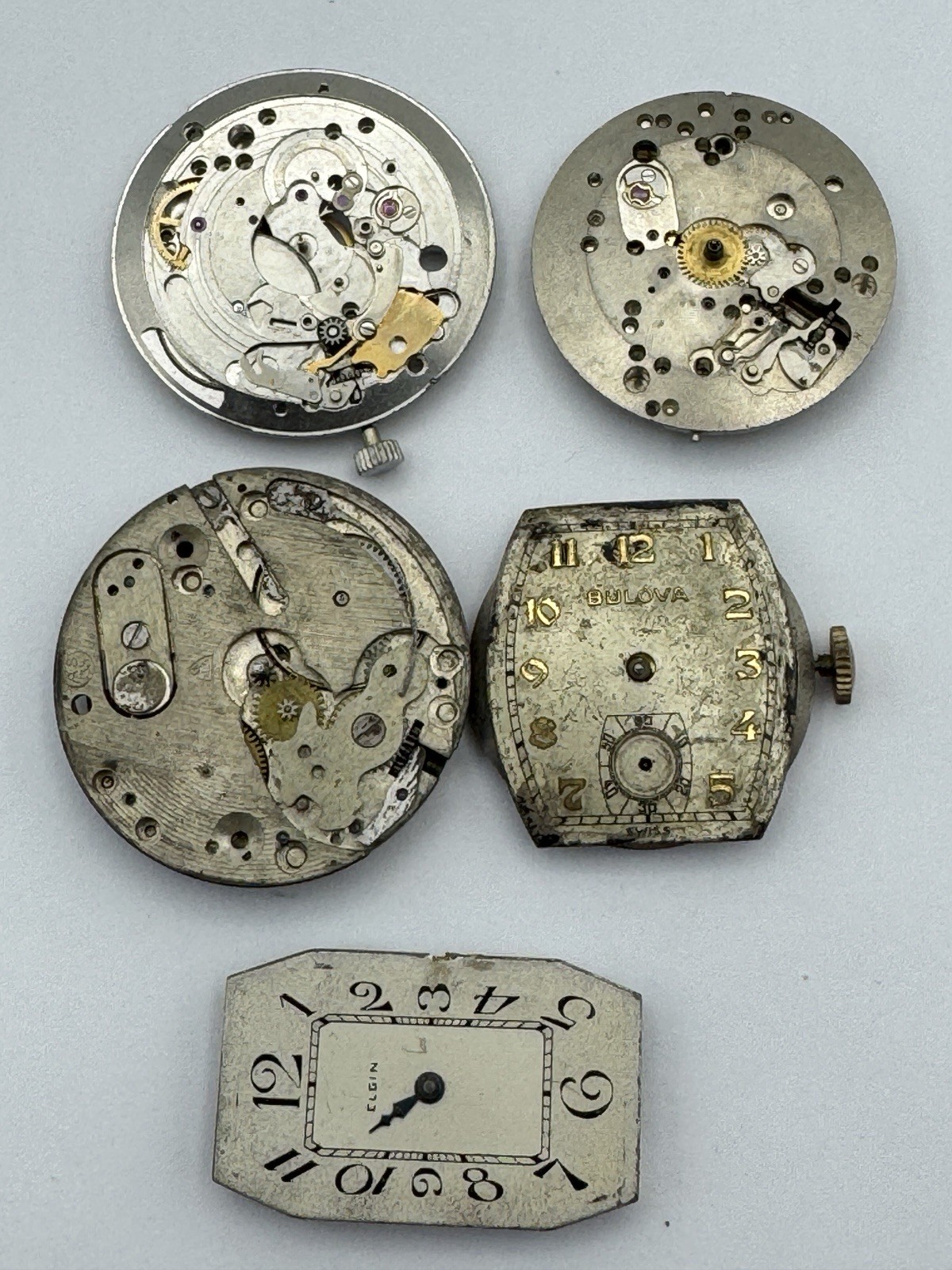 Lot Of 5 Men’s Partial Watch Movements For Parts Or Repair