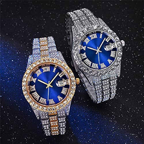 Hip Hop Watches for Men Iced-Out Bling Diamond Luxury Quartz 42mm Silver Blue