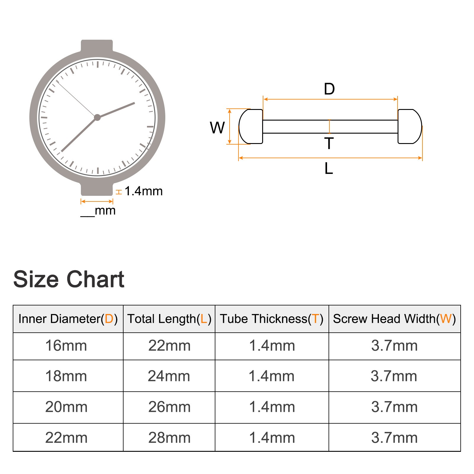2Pack Watch Screw Tube Rod 22mm Stainless Steel Watch Strap Pins Silver Tone