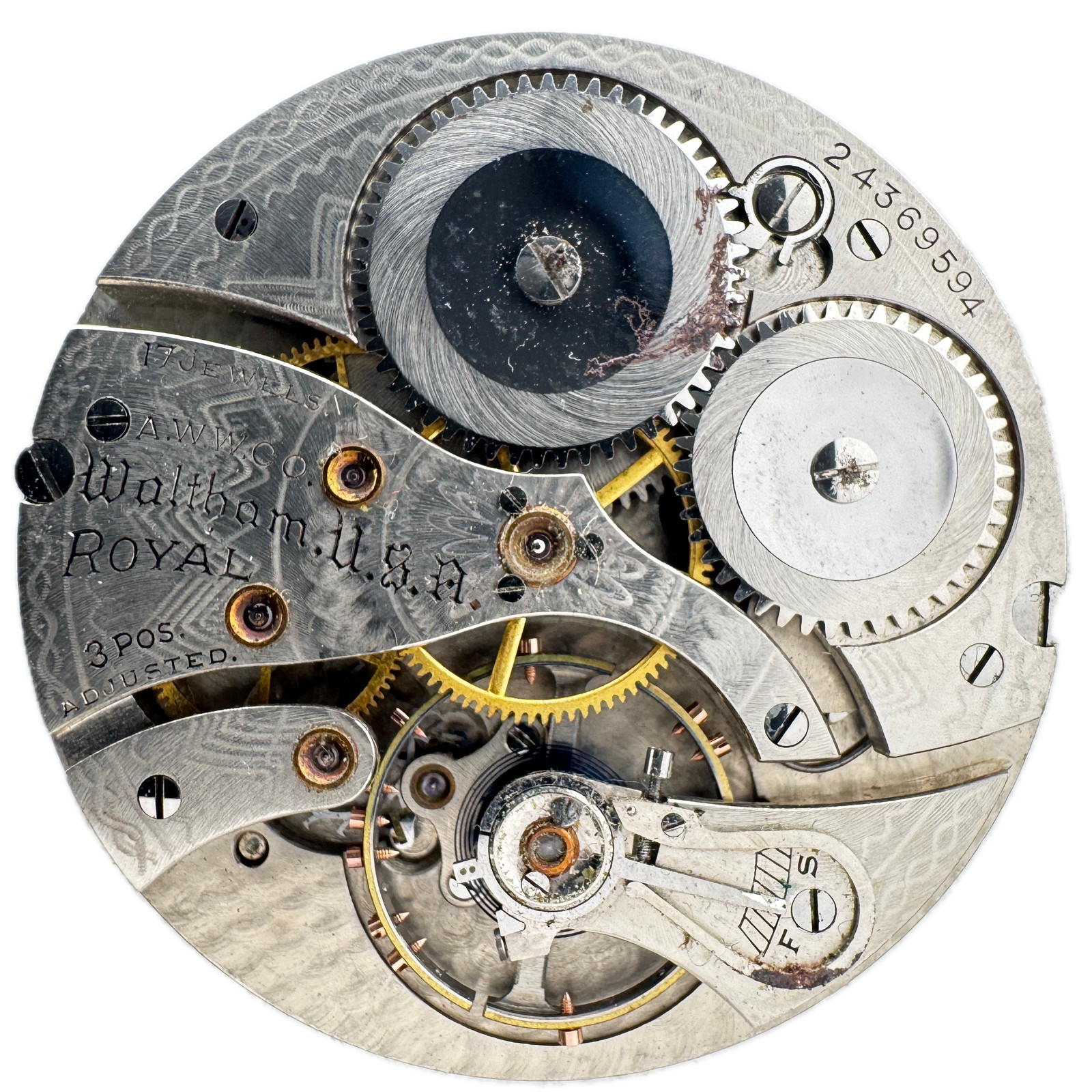 Antique 12s Waltham 1924 Col.b Art Deco Style Dial Pocket Watch Movement Royal