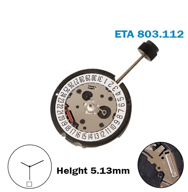 ETA 803.112 Swiss Quartz Movement, 3 Hands, H:5.13mm, White Date Disk 6