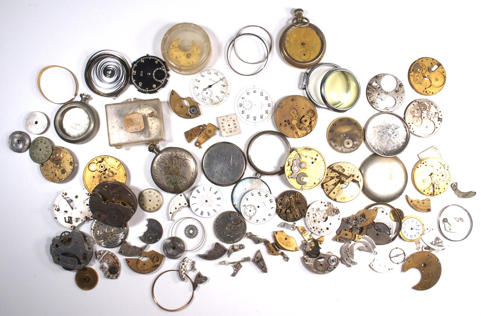 Large Lot of Old Pocket Watch Parts & Pieces Elgin Zonex Westclox Cortland Swiss