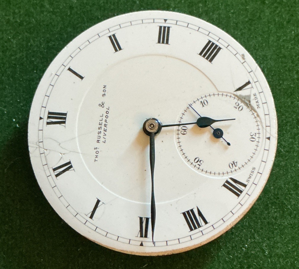 Vintage Men’s Thos Russell & Son Liverpool Pocket Watch Movement & Face Only S/r