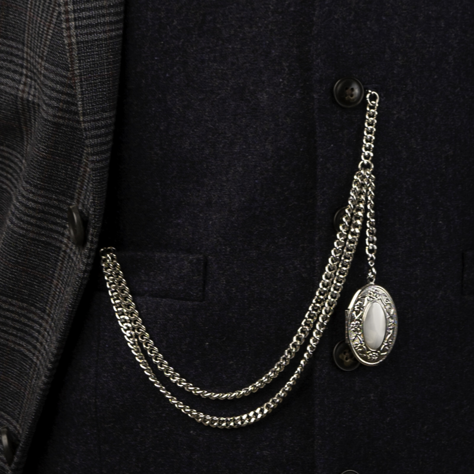 Silver Colour Single Albert Pocket Watch Chain With Pendant 001-S