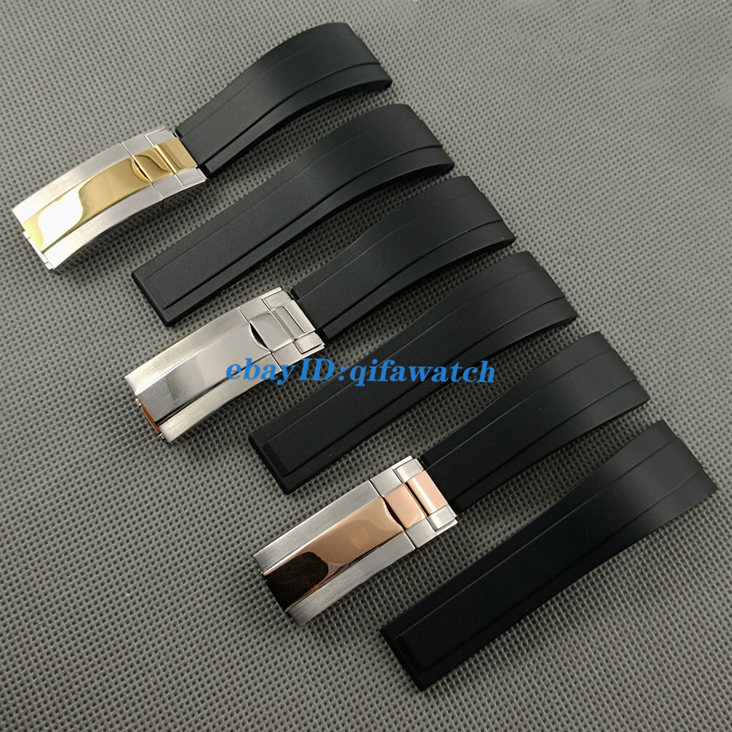 20mm black Rubber watch strap with steel silver/ rose gold black buckle