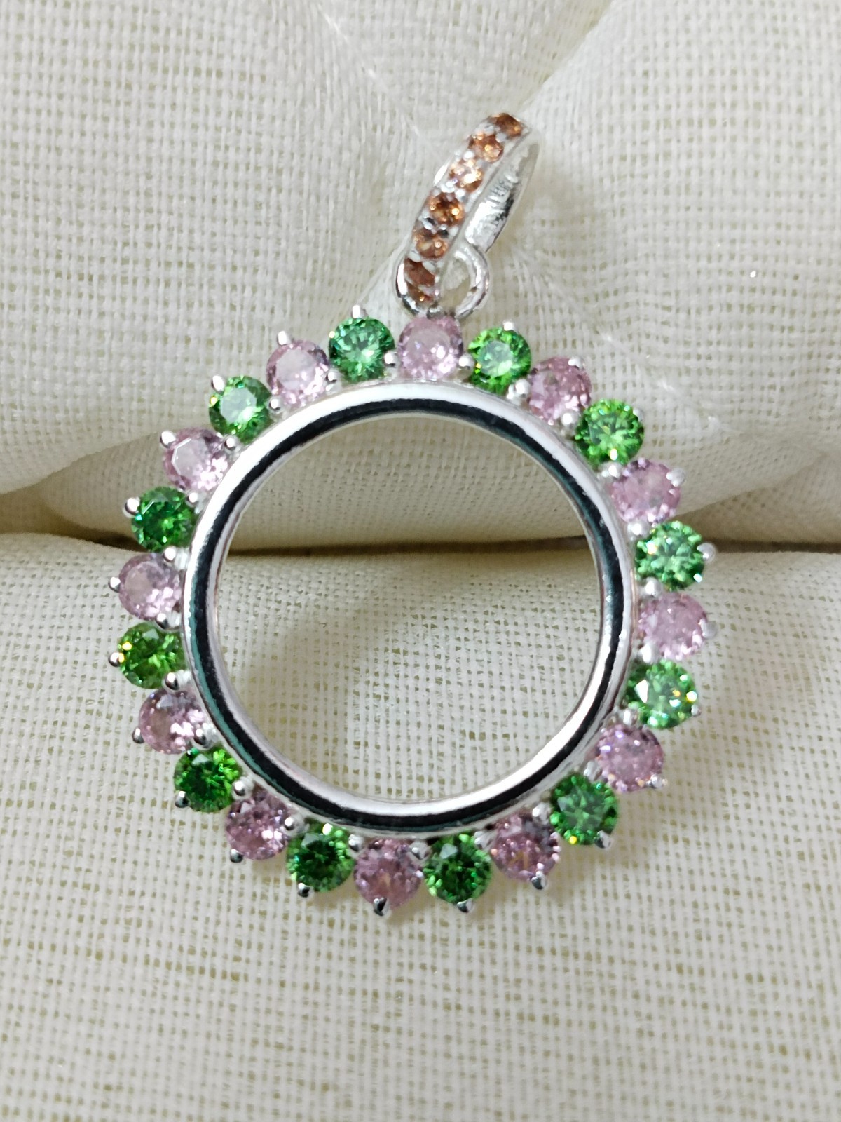 925 Sterling Silver Round Bezel Pendant Blank Green & Pink CZ Handmade Coin