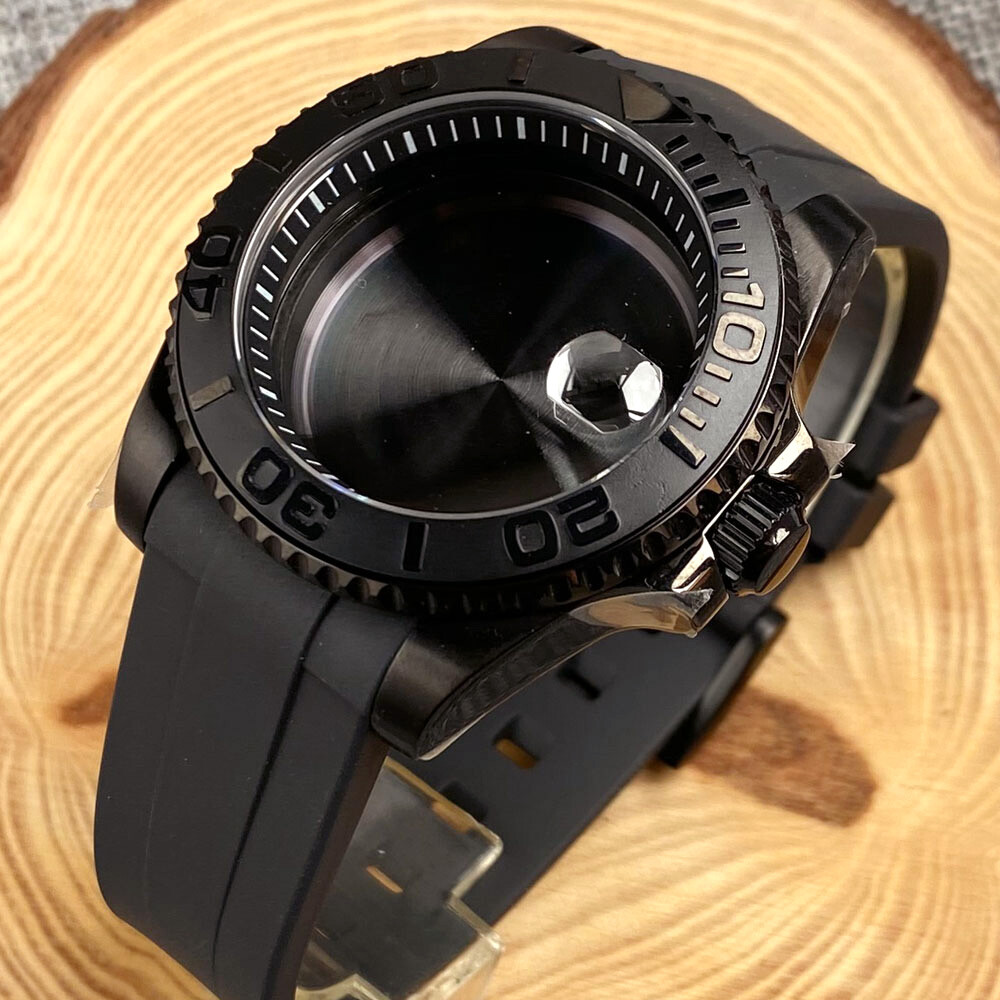 40mm Black PVD Sapphire Glass Watch Case Fit NH35A NH36A ETA2824 PT5000 Rubber