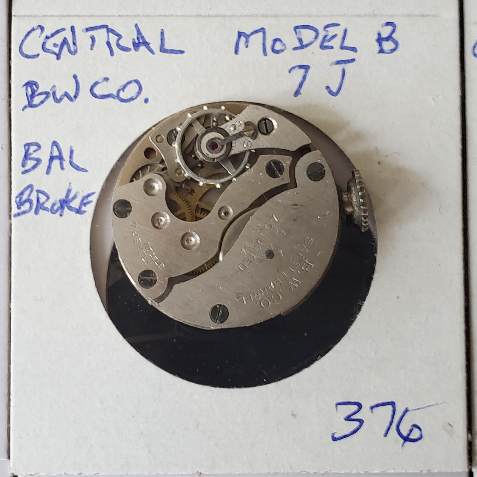 MENS CENTRAL-BW CO. WATCH MOVEMENT 7J MODEL B #376
