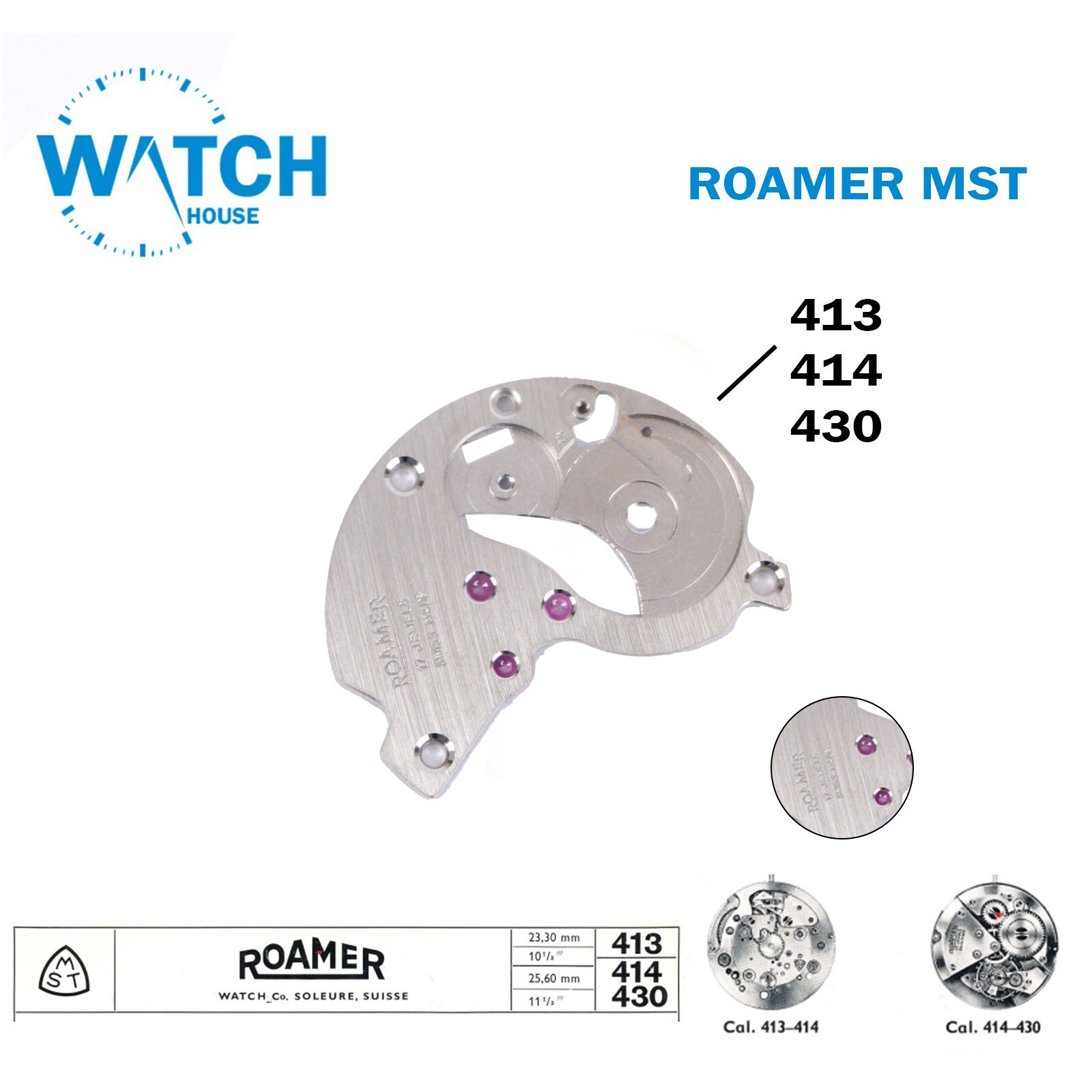 ROAMER MST 413 or 414 or 430 Swiss Spare Parts, Silver Color.