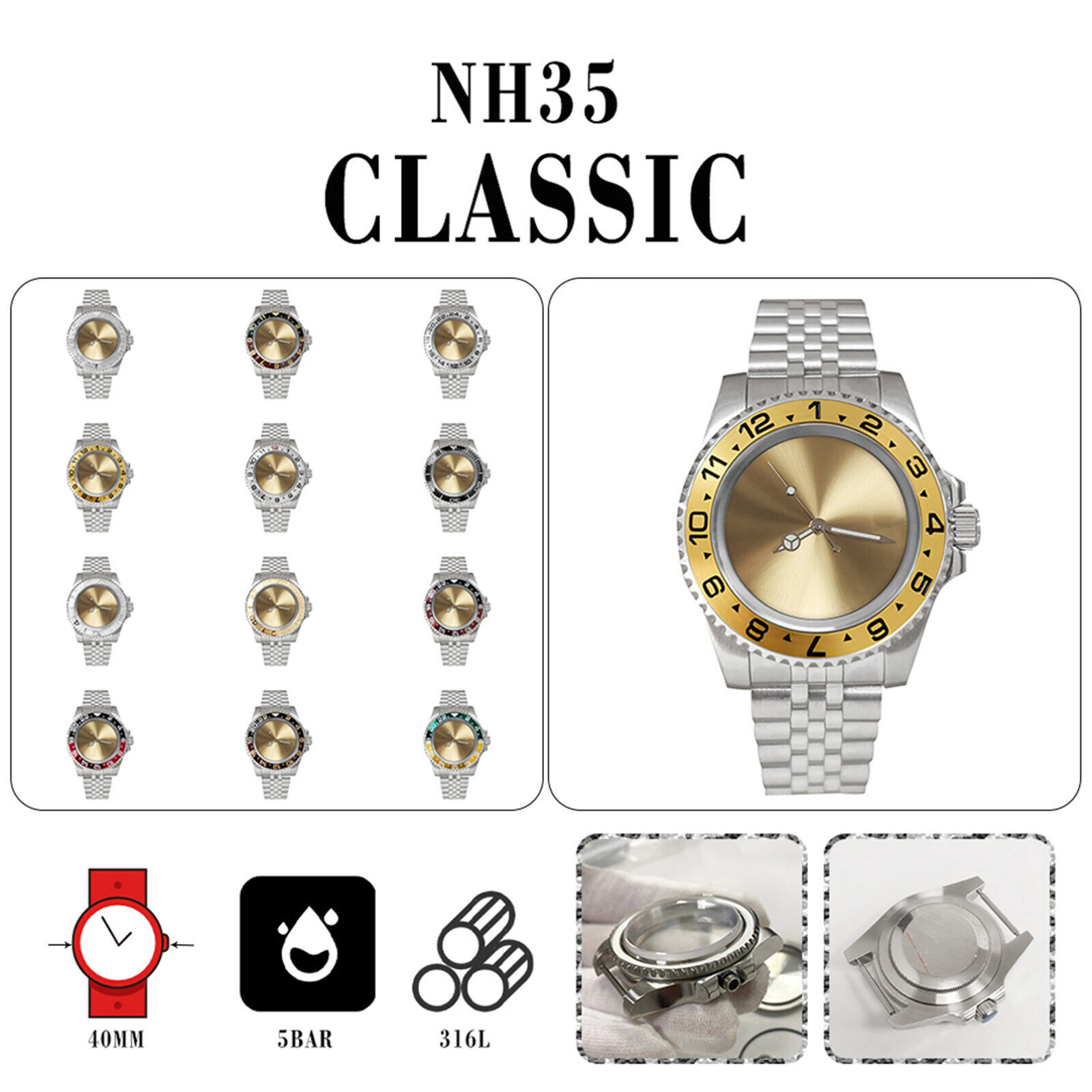 For NH36 Movement 40mm Stainless Steel Glass Watch Dial Mechanical Watch