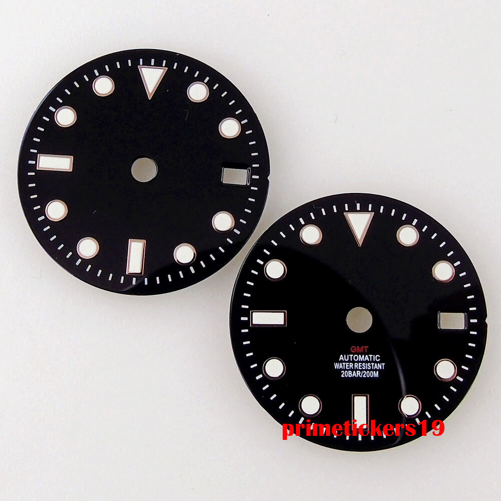 29mm Sterile Black Watch Dial Rose Gold Edge Date Luminous Fit NH34 GMT Movement