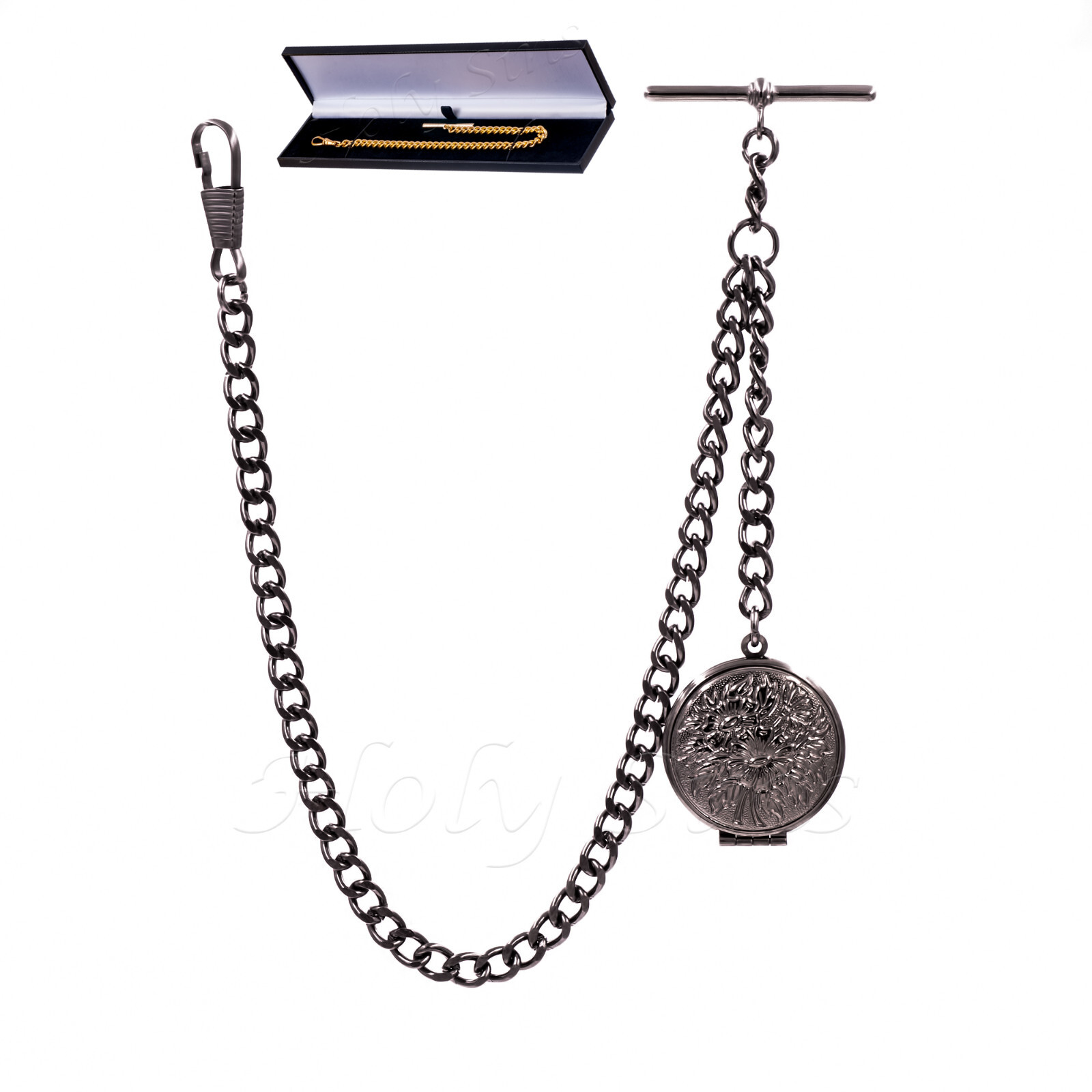 Brand New Black Gunmetal Colour Single Albert Pocket Watch Chain With Locket 179