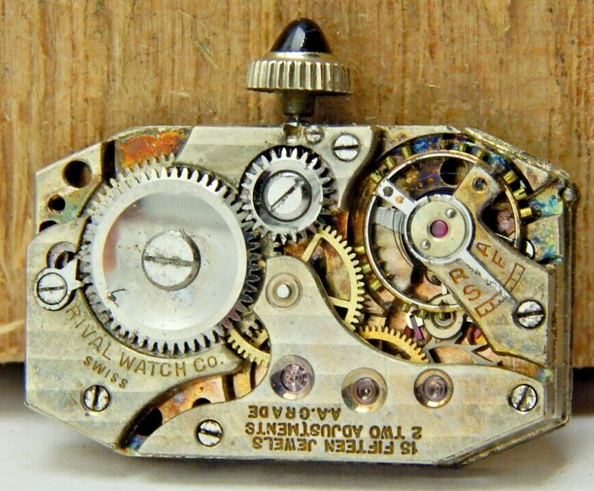 Vintage Rival AA 15 jewel 2 Adjustment wrist watch movement with dial and hands
