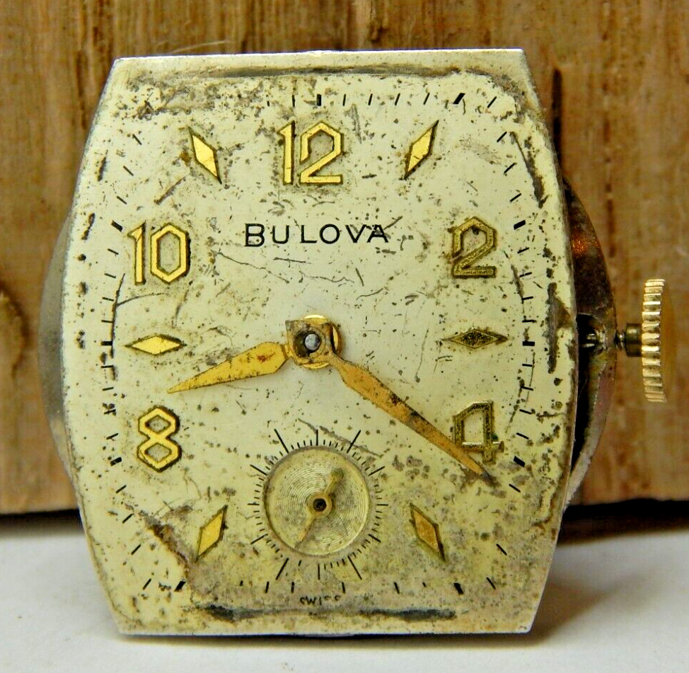 Vintage 1950 Bulova 10BC 17 jewel men’s wrist watch movement with dial and hands