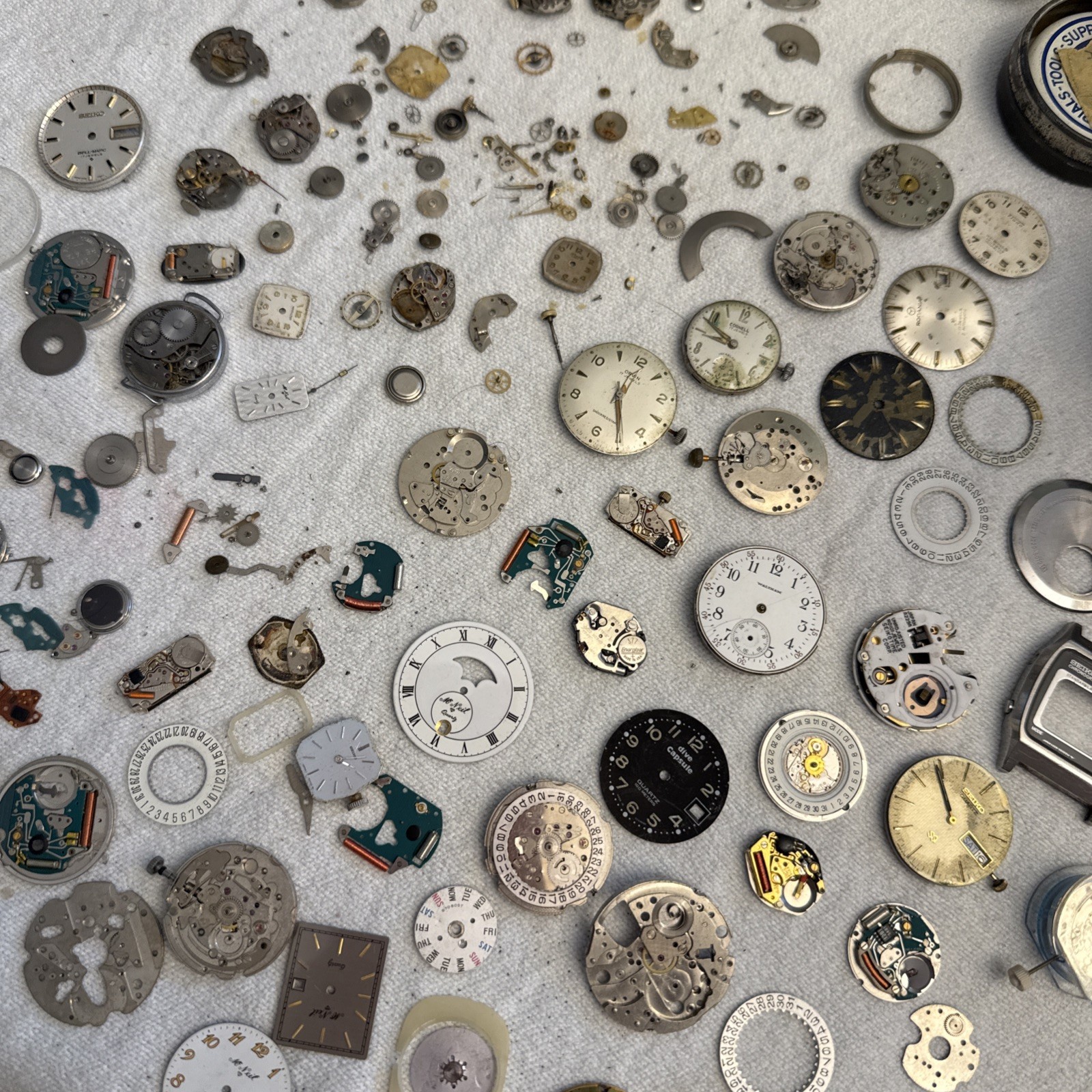 Vintage Watchmaker Repair Lot- Mixed Movements, Dials, Gears