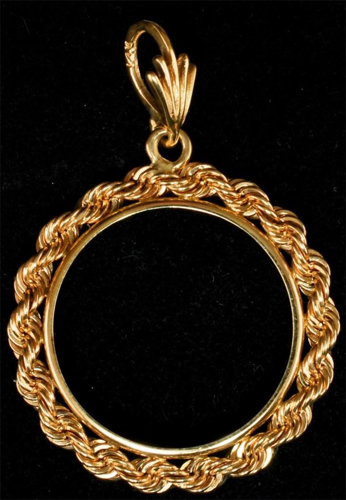 New Solid 14K Mexico 10 Peso Gold 4 Prong Style Rope (1955) Coin Bezel Frame