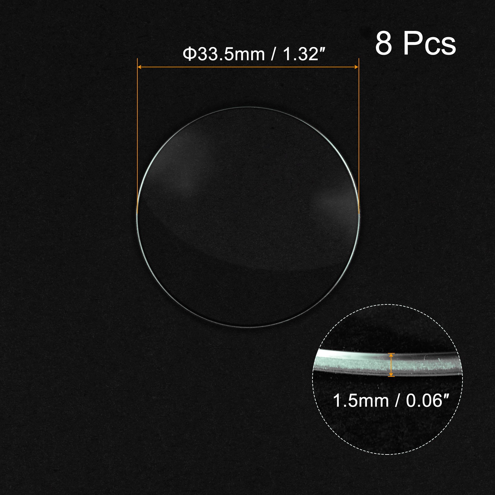8Set 33.5mm Dia Watch Glass Crystal Len Single Dome Round 1.5mm Edge Thickness