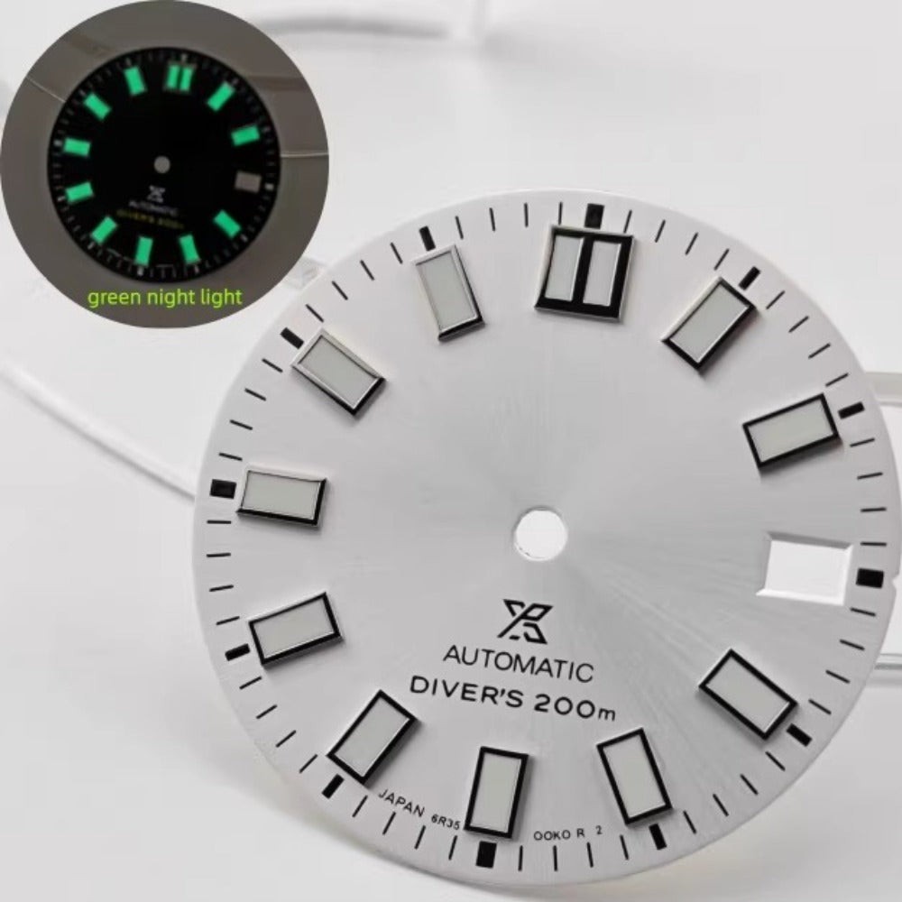 28.5mm White with Green Lume Watch Dial Fit for NH35 NH36 No Logo Diver’s 200m