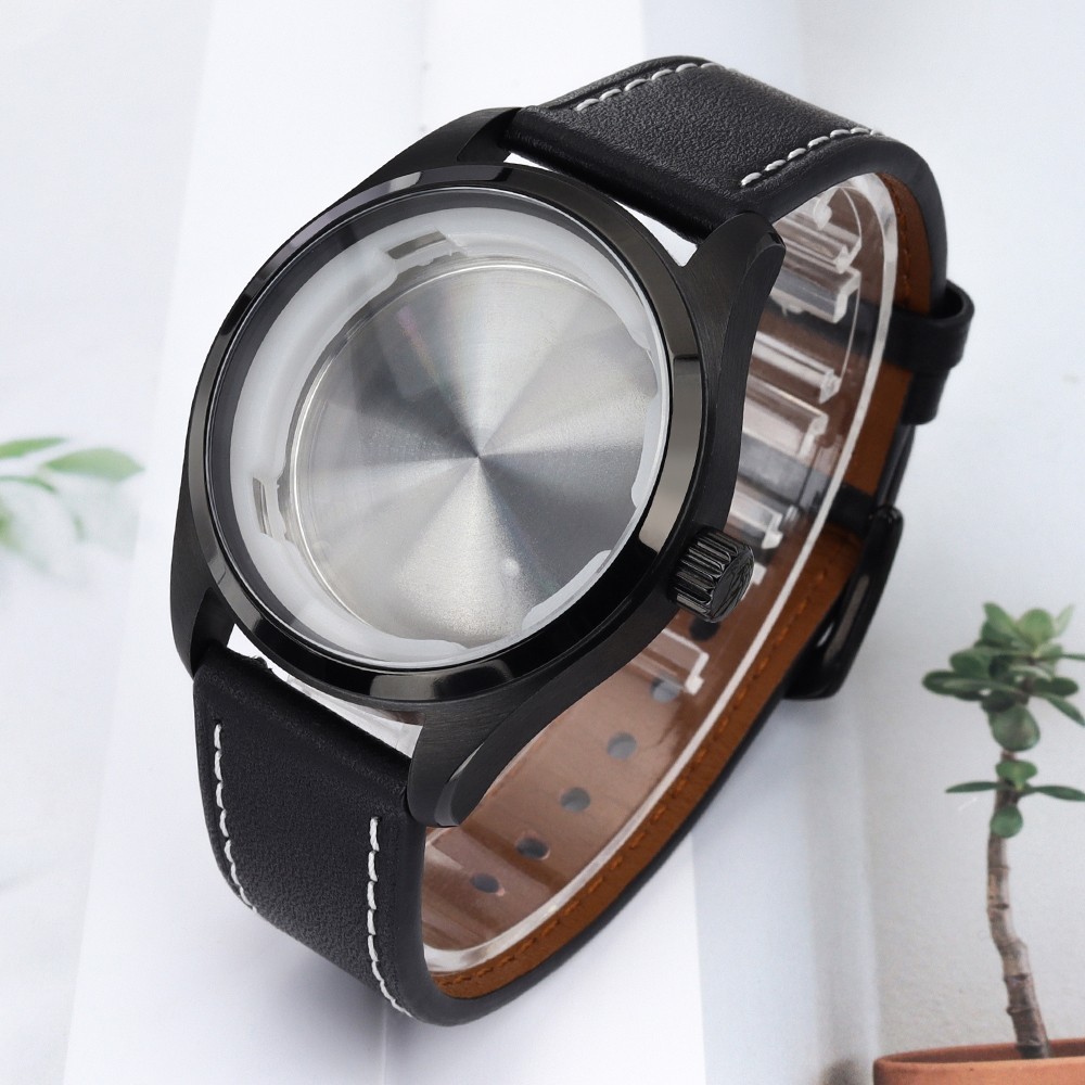 Aviator Watch Case PVD Black 40mm+Calfskin Band For Seiko NH35 ETA 2824 Movement