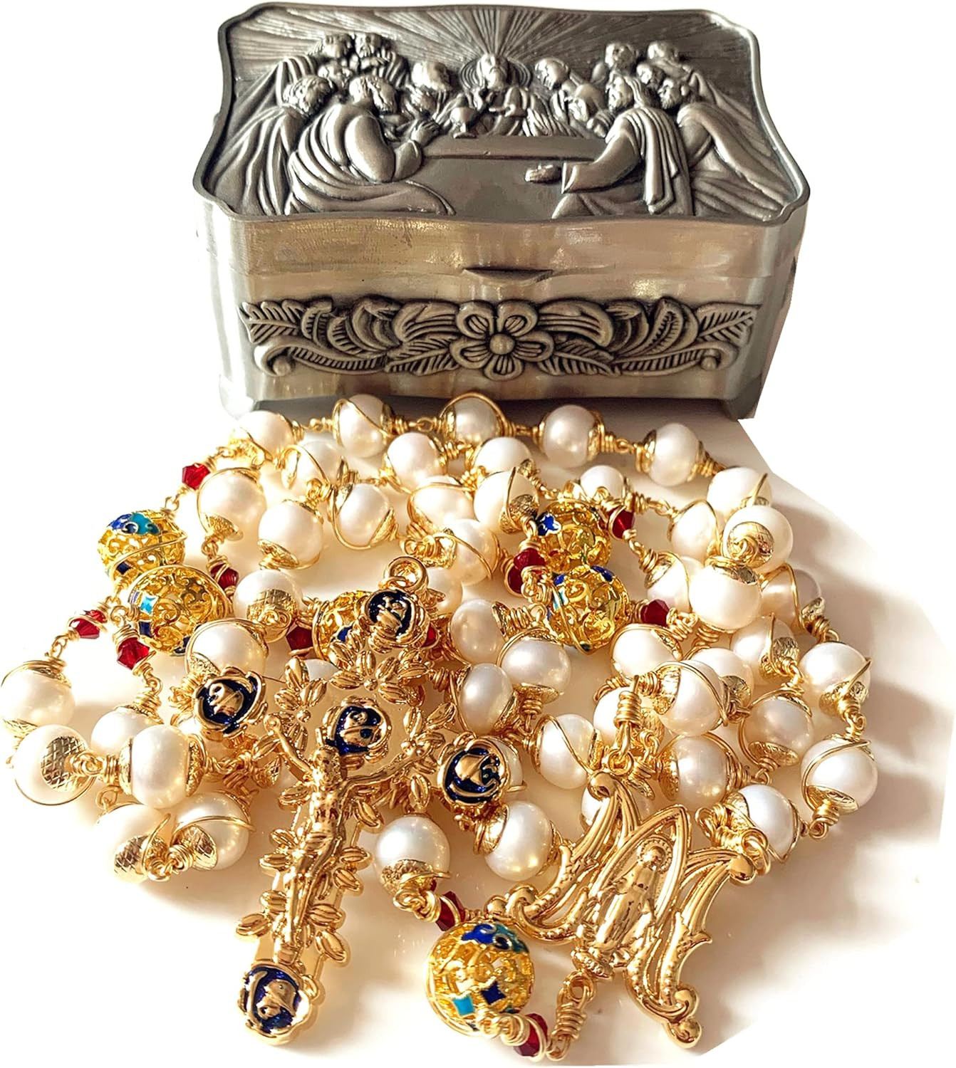 Gold Plated Wire Wrapped Pearl & Enamel Bead Rosary Cross Necklace Box