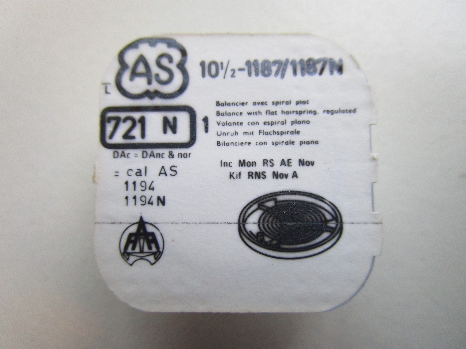 AS A. Schild 10½”‘, 11½”‘ cal. 1187 1187N balance complete watch part