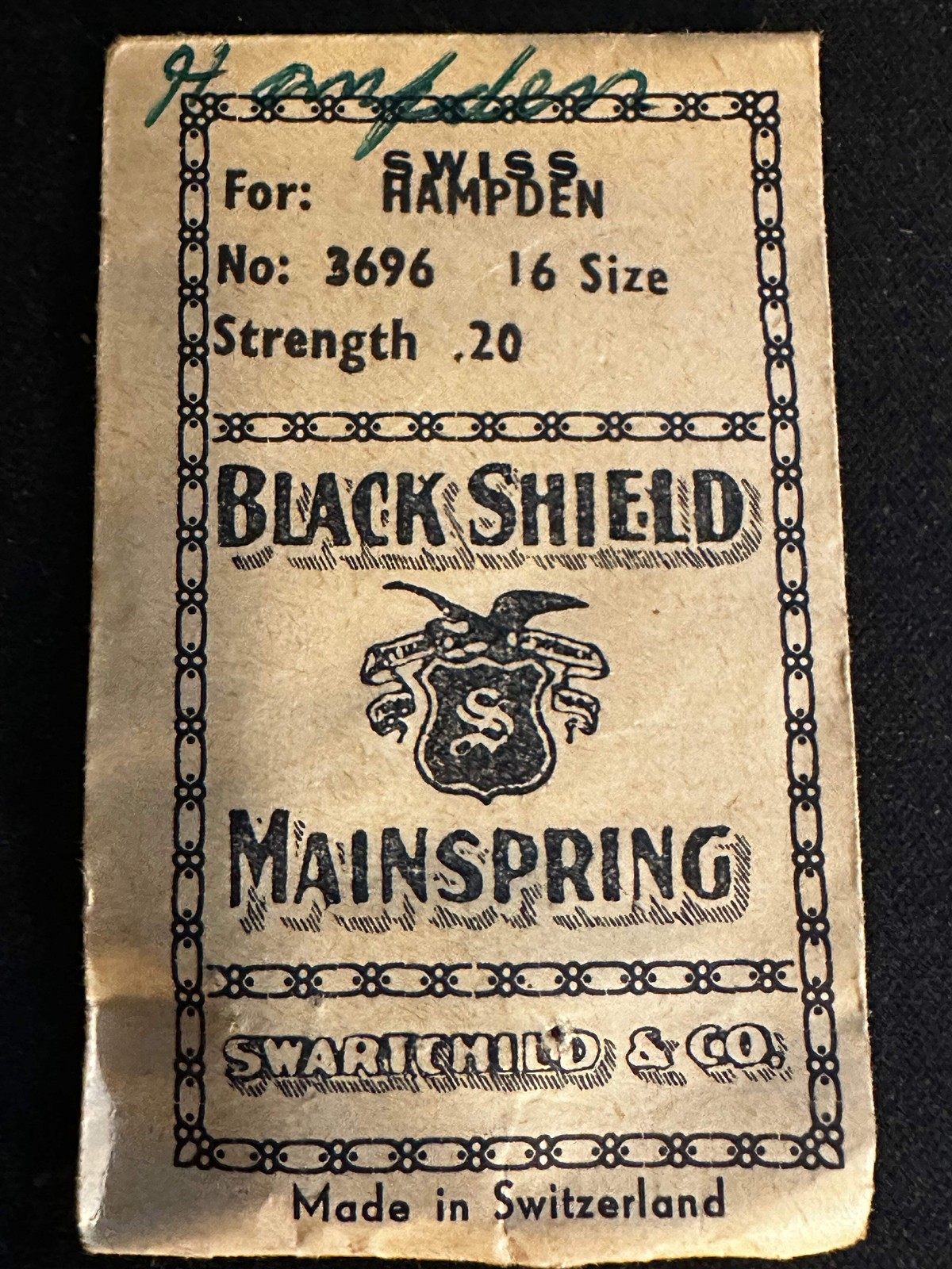 Swartchild Black Shield Mainspring for Hampden 16s No. 3696 – Steel