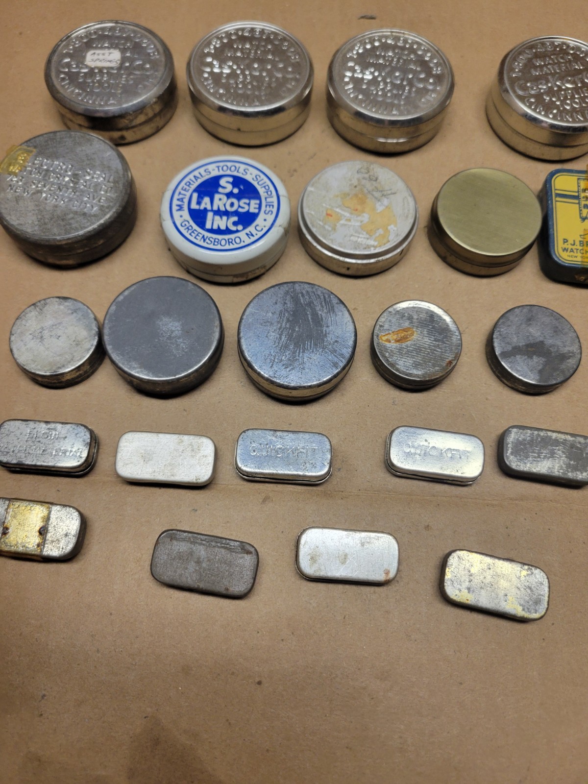 28 Watchmaker Tins for Parts or Movements Complete with Lids Signed Wide LT5