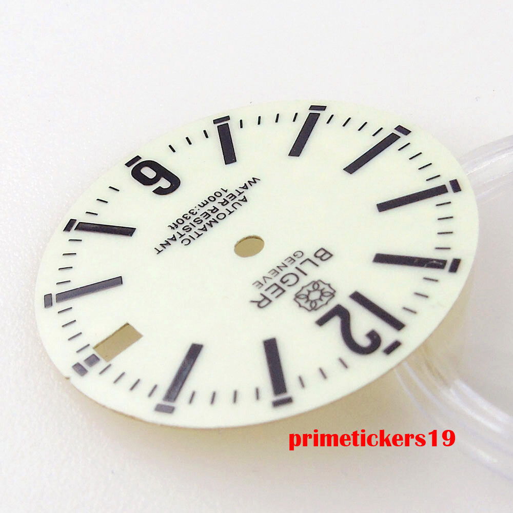 BLIGER 29mm Green White Watch Dial Black Marks Date Luminous Fit NH35 NH36 Movt
