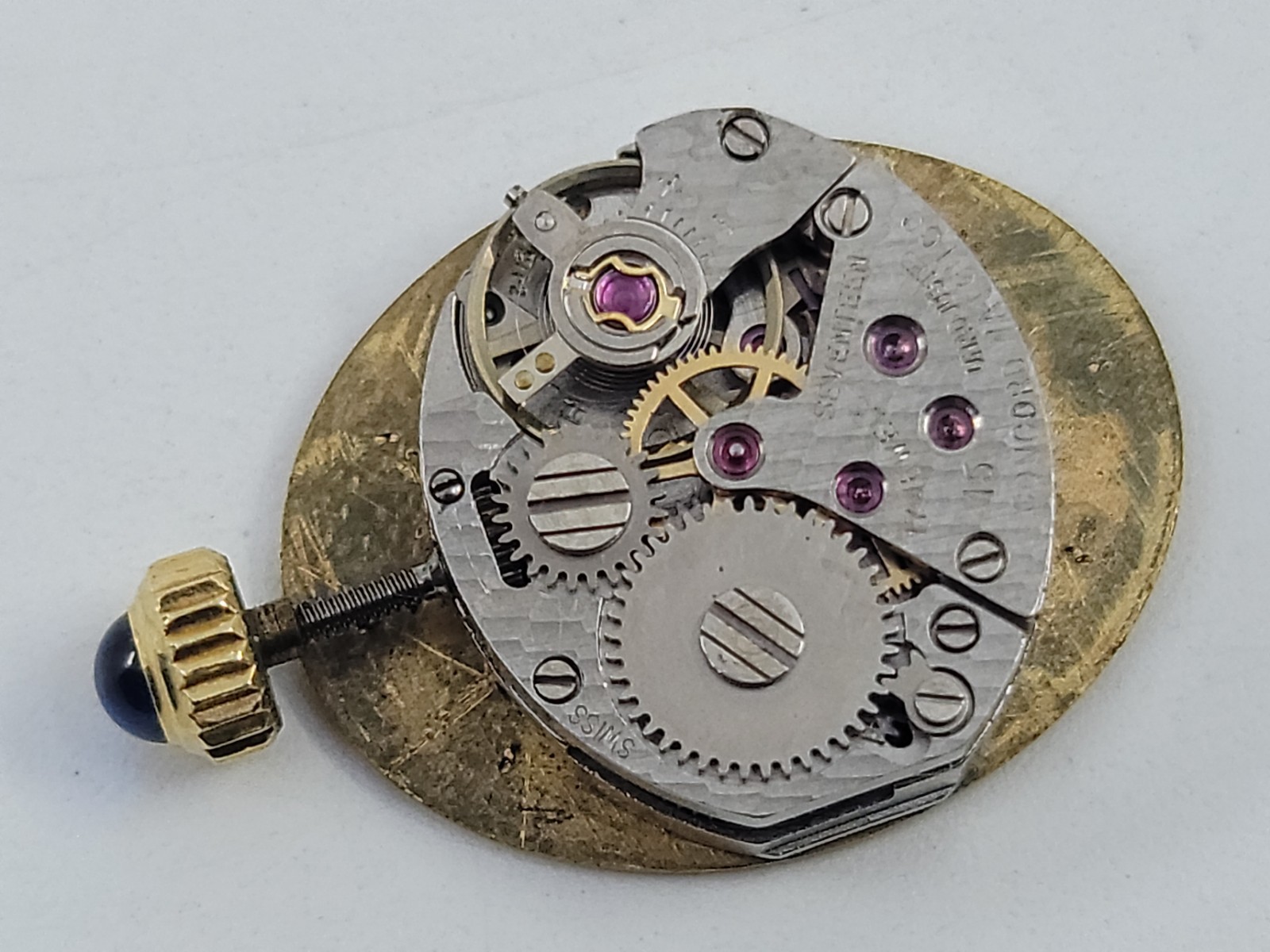 Vintage Concord 17j Mechanical Watch Movement Parts Only 14k Gold Jeweled Crown