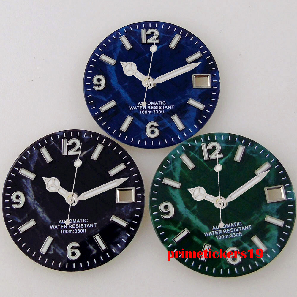 29mm Black/Blue/Green Sterile Watch Dial Date Hands Set Fit NH35 NH35A Movement