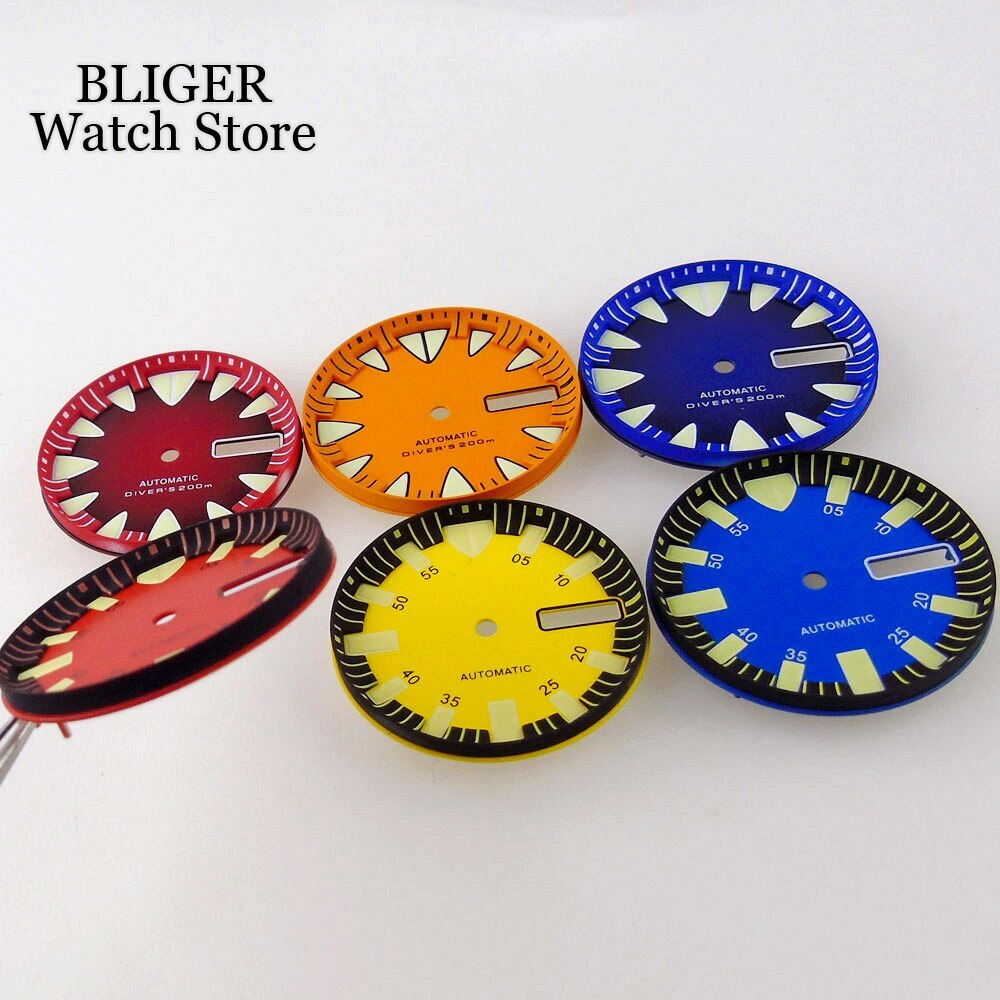 29MM Luminous Red Blue Watch Dial Green Lume Fit NH36 NH36A Week Date Watch Part