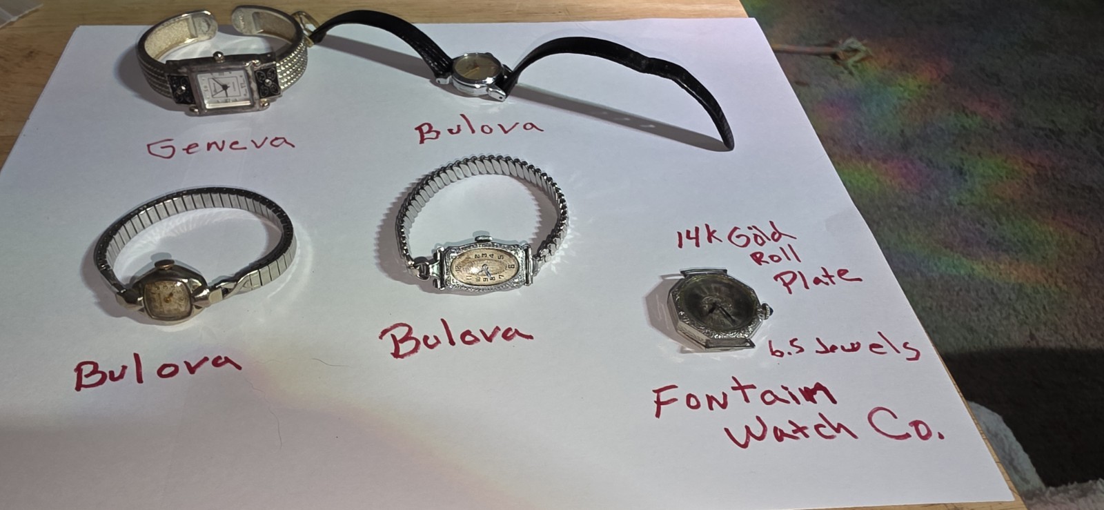 Fontain Wristwatch 14k Gold Rolled Plate Parts & 3 Bulova & 1 Geneva All Parts