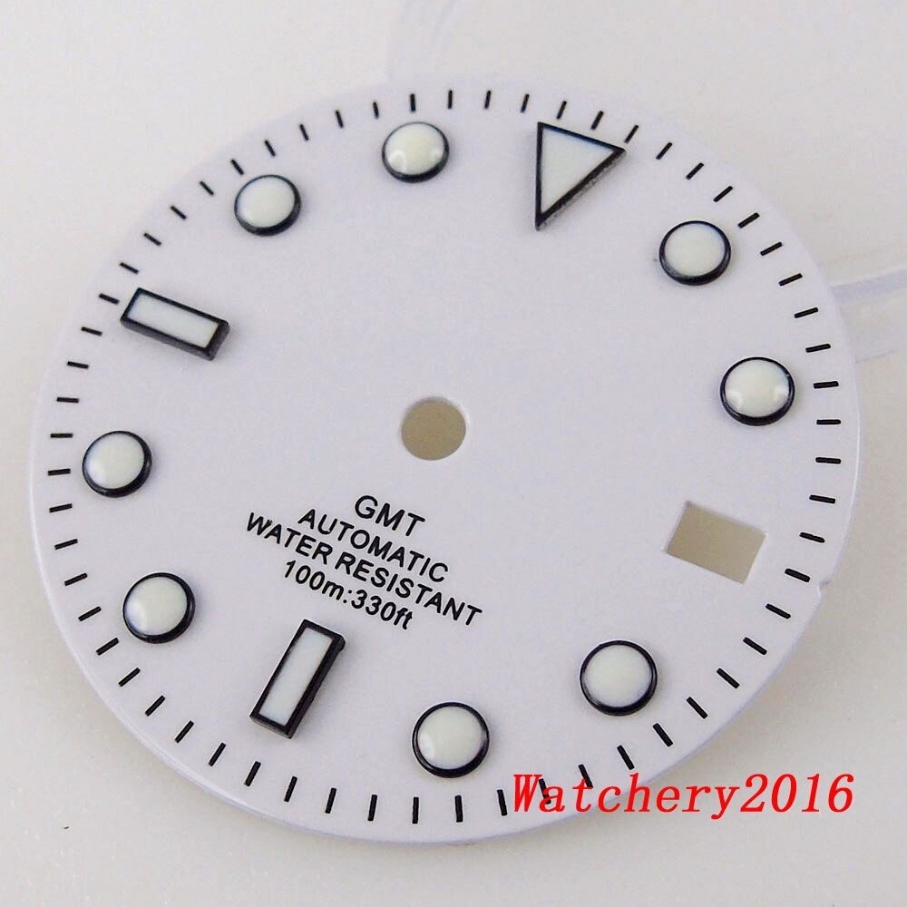 29MM Green Luminous White Watch Dial Fit NH34 NH34A GMT Automatic Mens watch