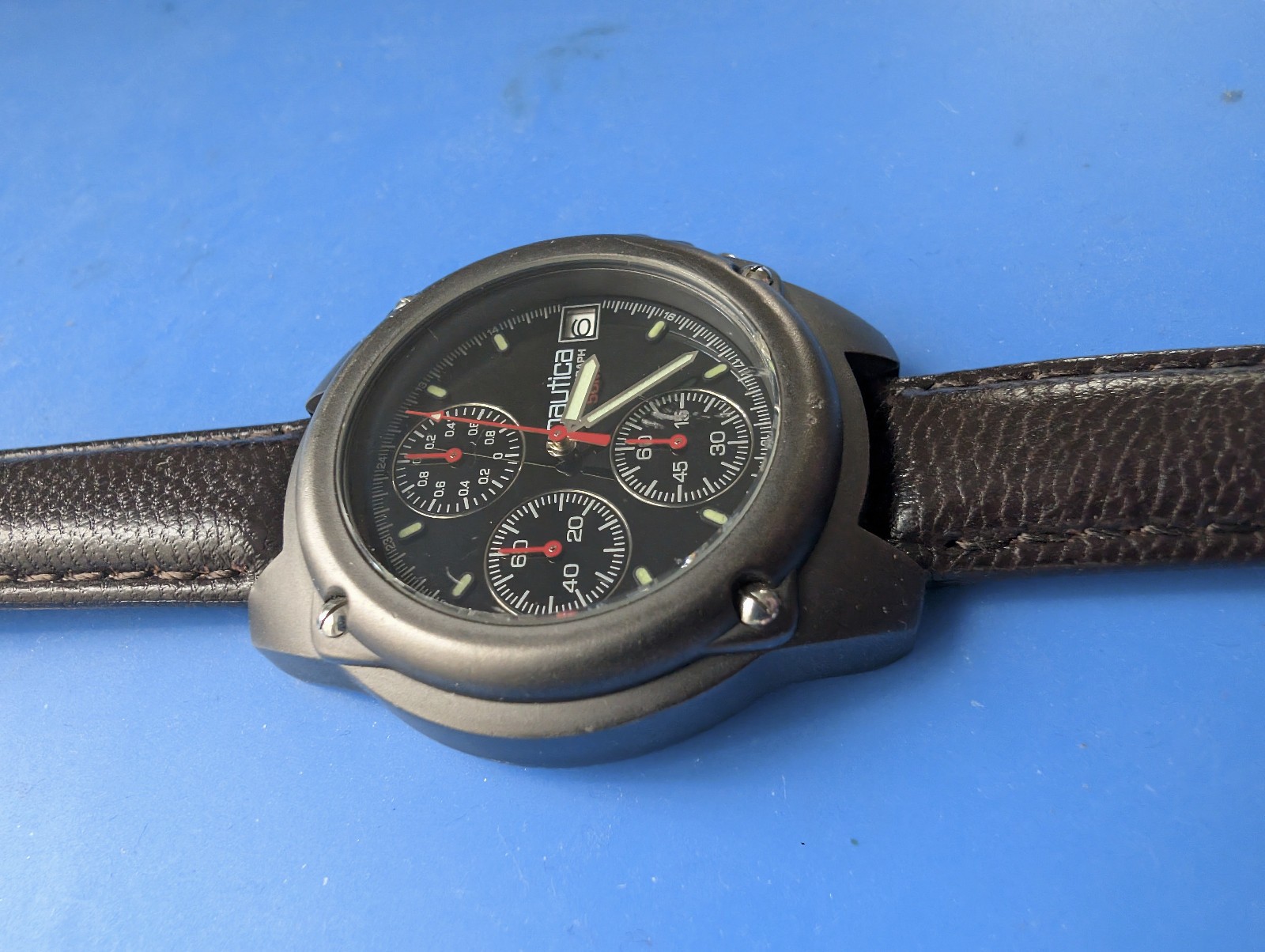 MENS NAUTICA CHRONOGRAPH 50M WRISTWATCH WITH LEATHER BAND