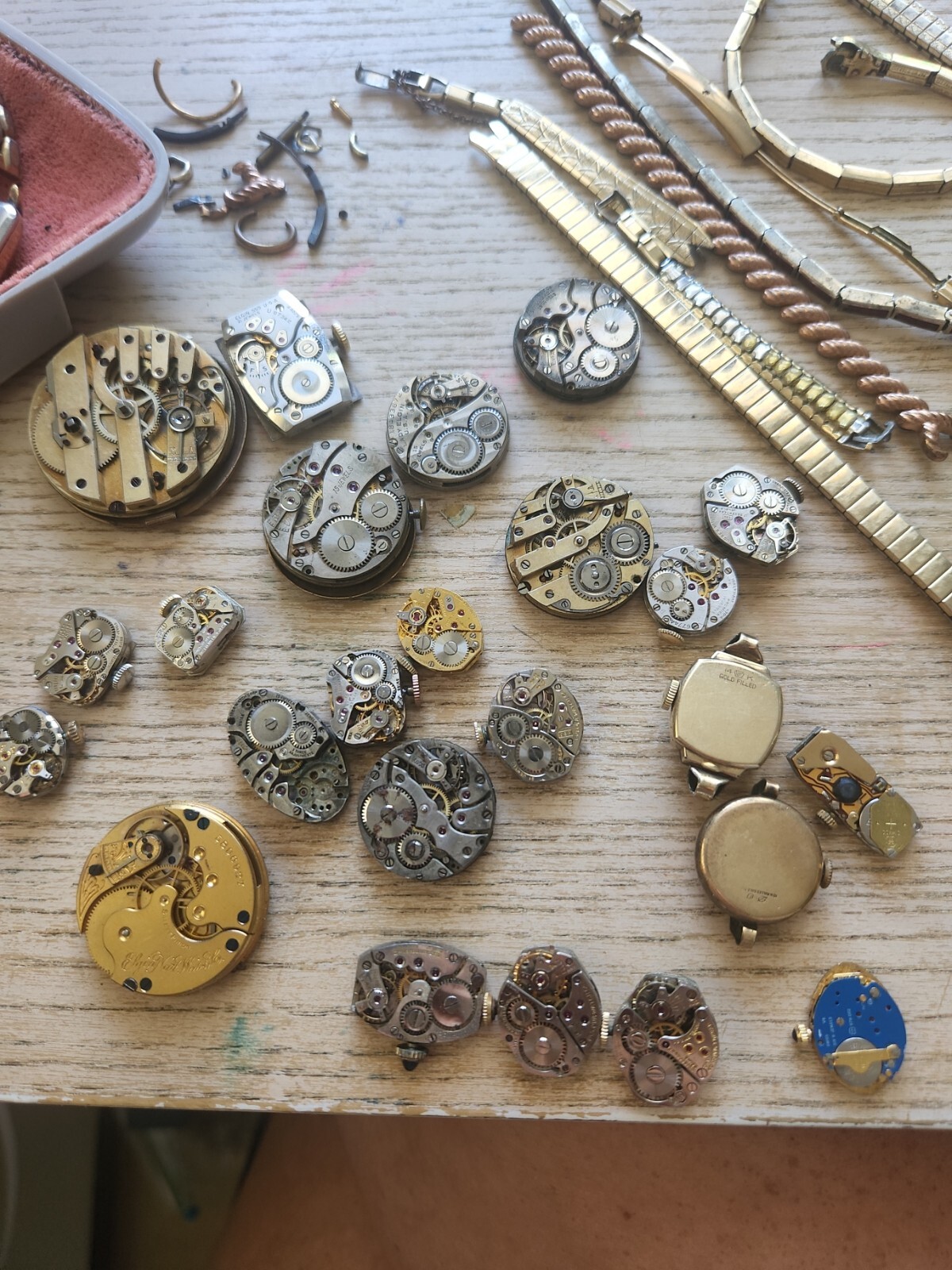 Vintage lot Watch Movements Parts Bands Covers Bulova Waltham Elgin