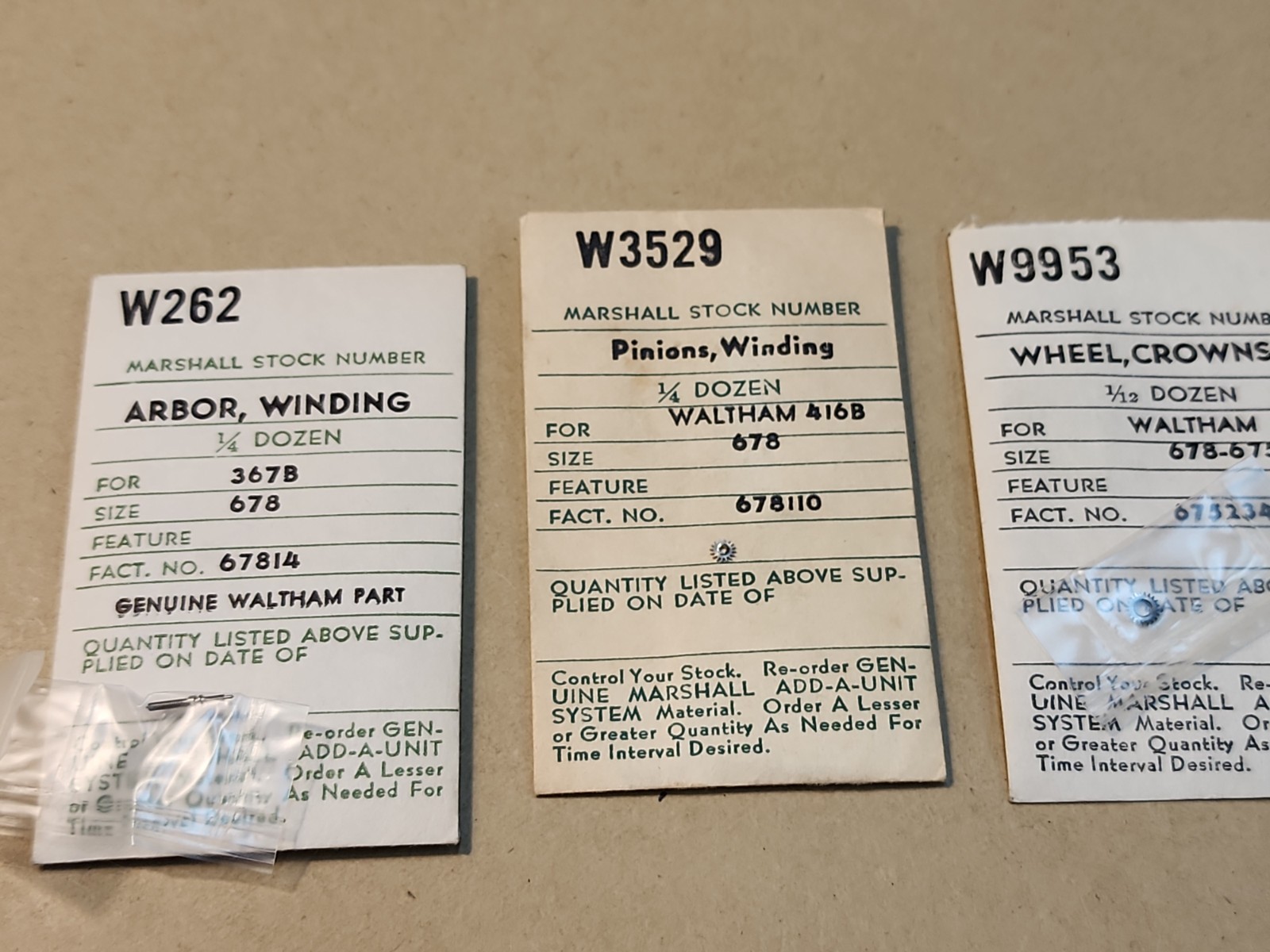 NOS Waltham 678 Winding Arbor, Winding Pinion & 678-675 Crown Wheel