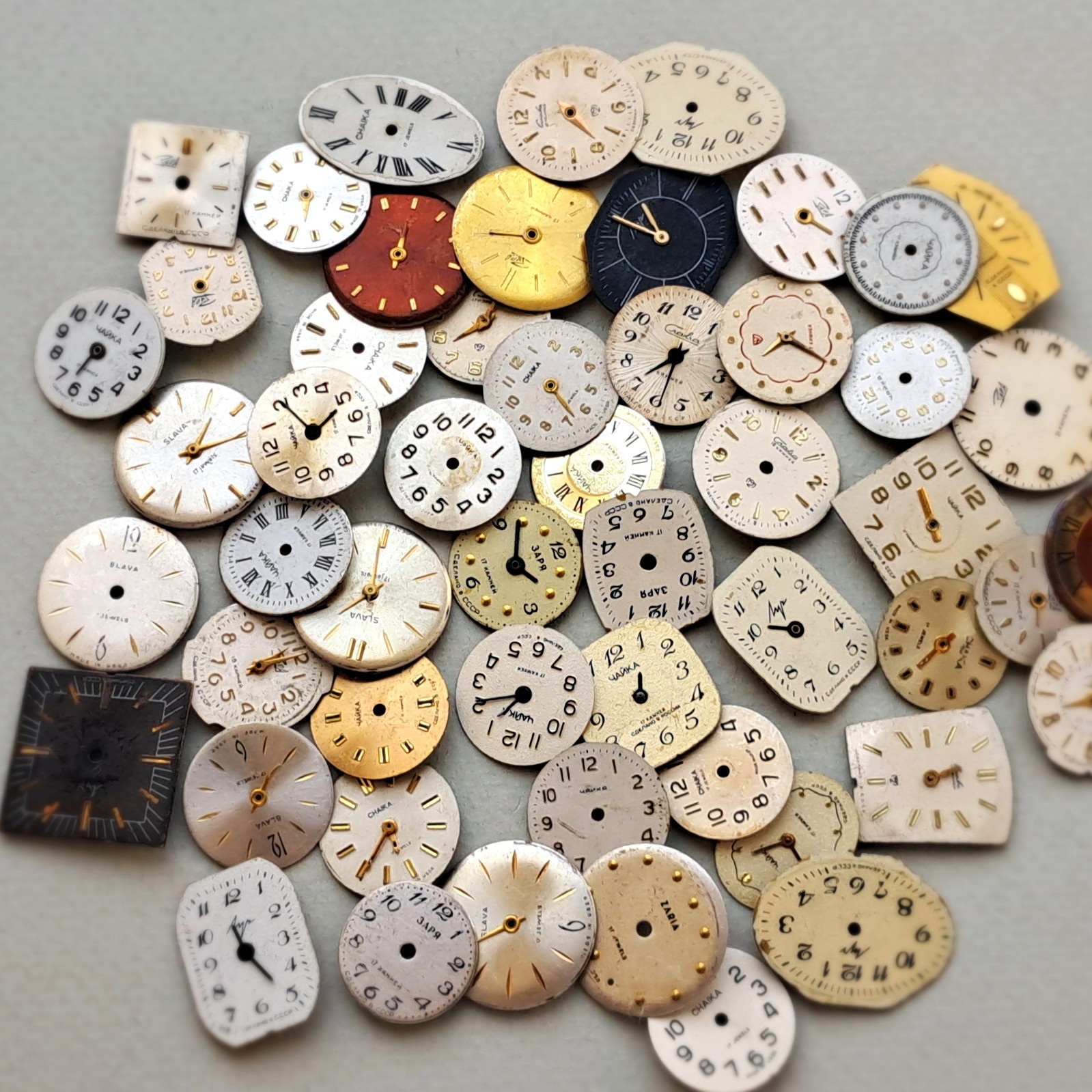 Lot of 53 Vintage Watch Dials • Mixed Shapes & Colors • USSR/Soviet • Steampunk