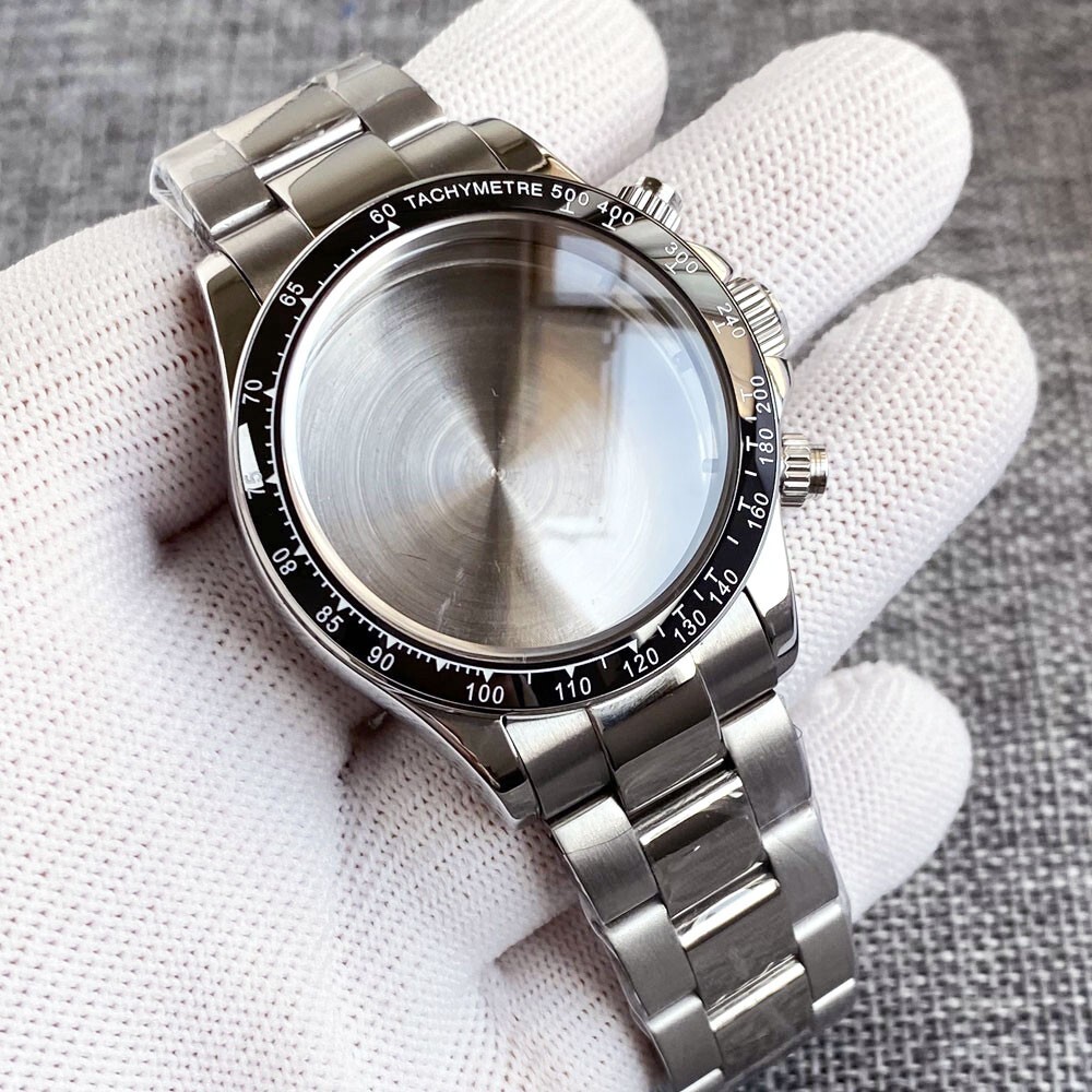 39mm Polished Mens Watch Case Bracelet Fit Quart VK64 VK63 Bow Sapphire Glass