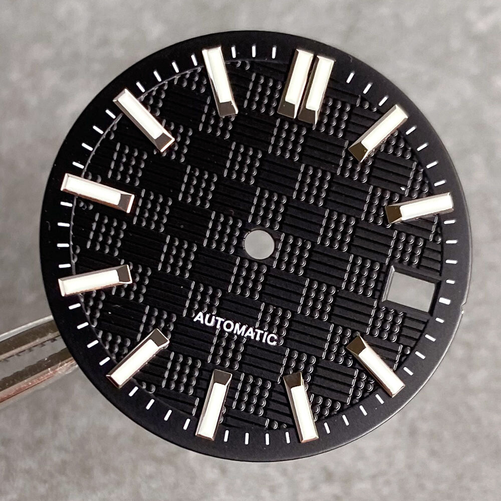 28.5mm Tandorio Black White Blue Texture Luminous Dial For NH35 NH36 Mens Watch