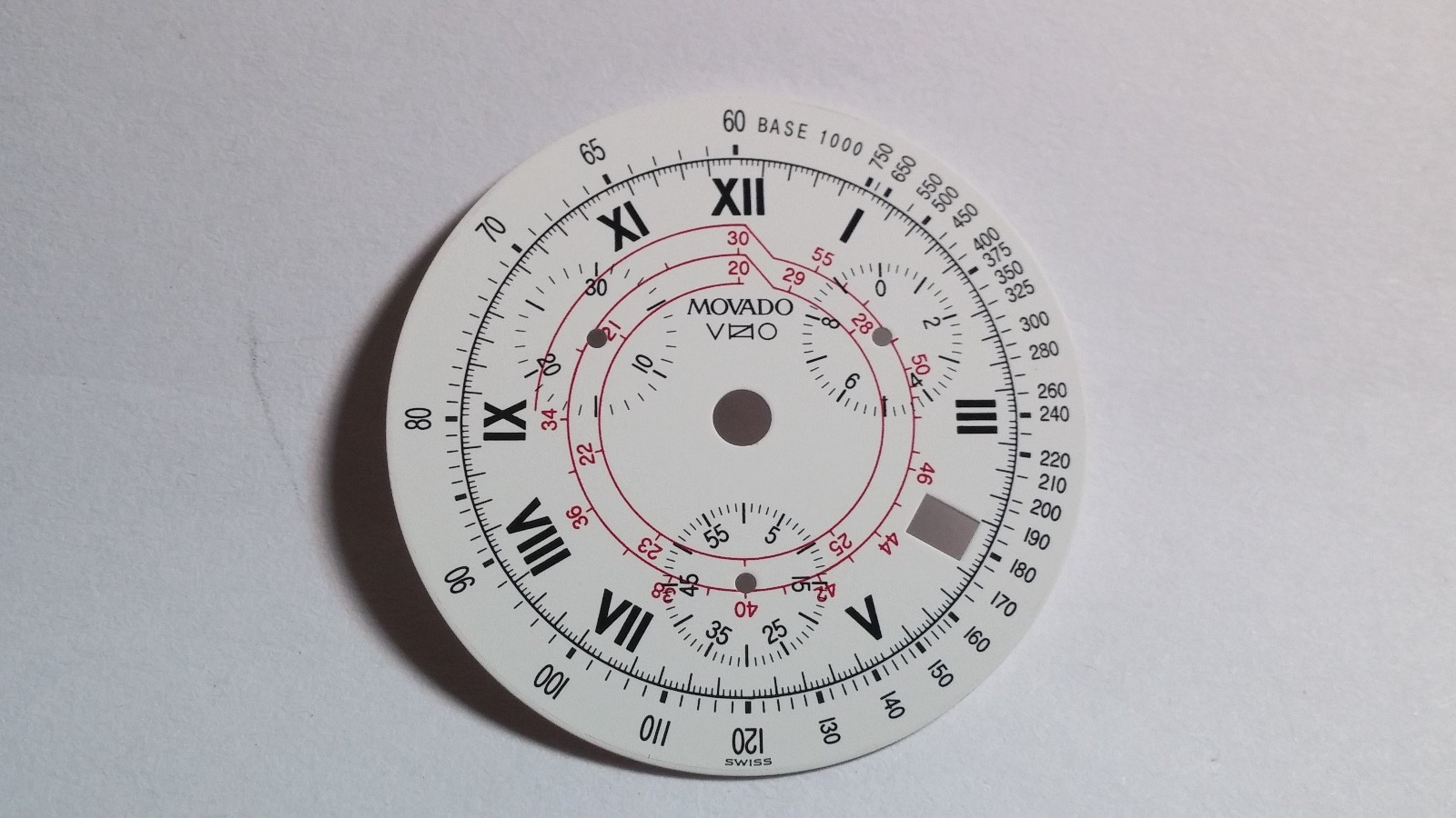 Movado Vizio dial, white, red, black, date window, chrono, 31.6mm diameter