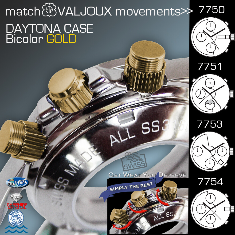 WATCH CASE DAYTONA,TACHYMETER, ETA VALJOUX 7750,7751, 7753,7754 BICOLOR: GOLD