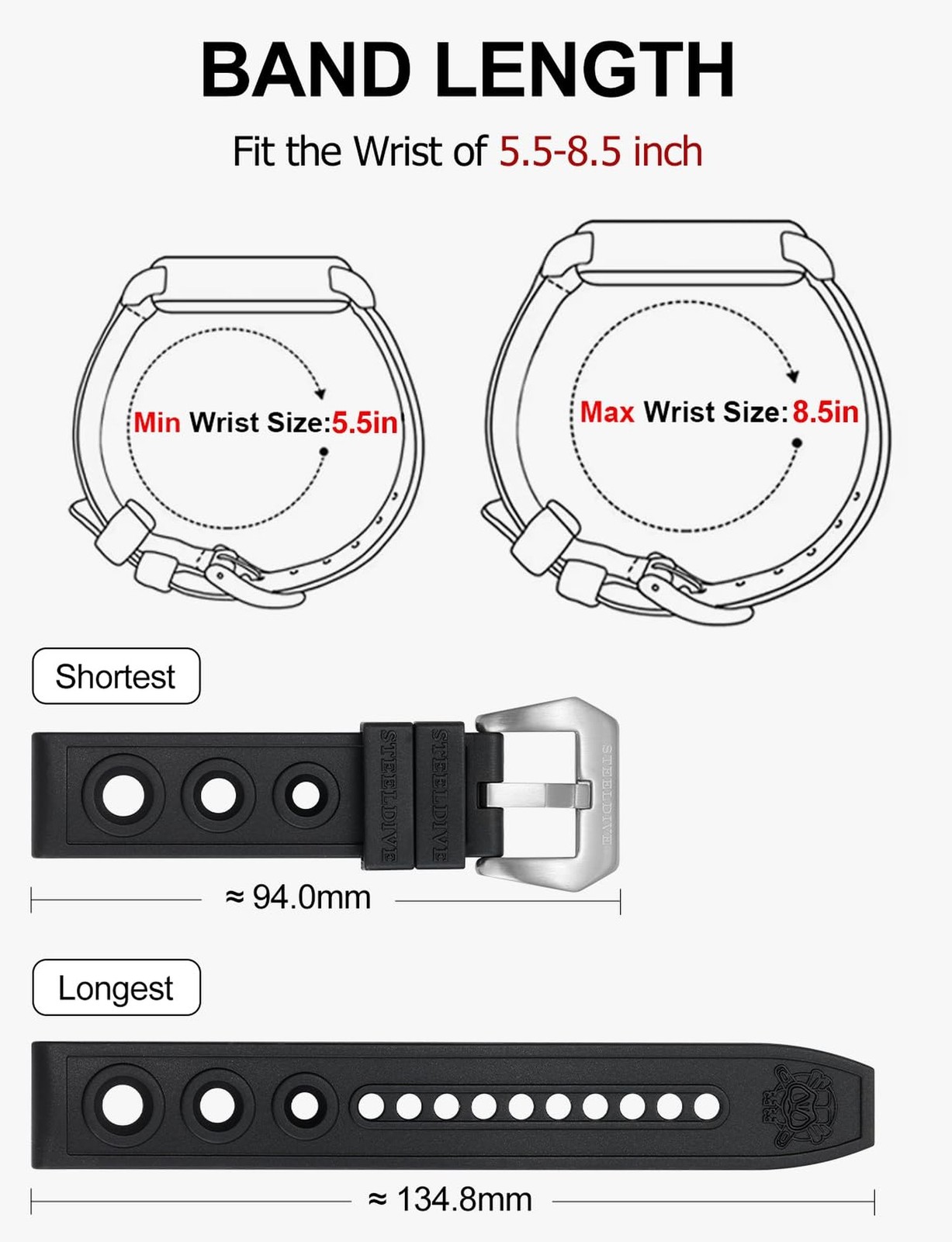 Steeldive Rubber Dive Watch Strap, 20mm Soft Replacement Watch Bands Black Wa…