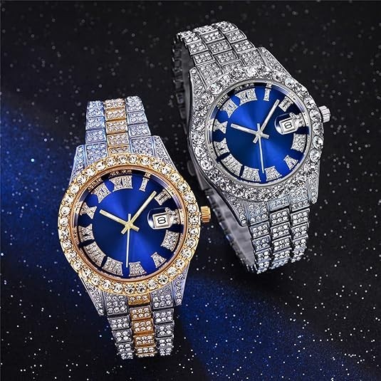 Hip Hop Watches for Men Iced-Out Bling Diamond Luxury Quartz 42mm Silver Blue