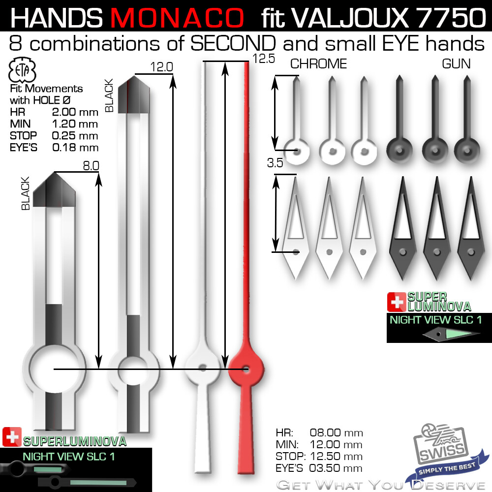 HANDS SET FOR MOVEMENT ETA VALJOUX 7750, MONACO, ref 10-17, SLC1 – SUPERLUMINOVA