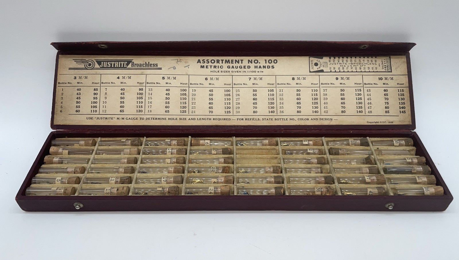 JUSTRITE Vintage Broachless Assortment #100 Metric Gauge Watch Hands