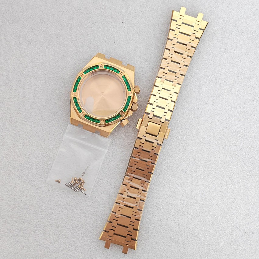 41mm Steel Gold Watch Case + Strap for VK63 Watch Movement Solid Back Flat Glass