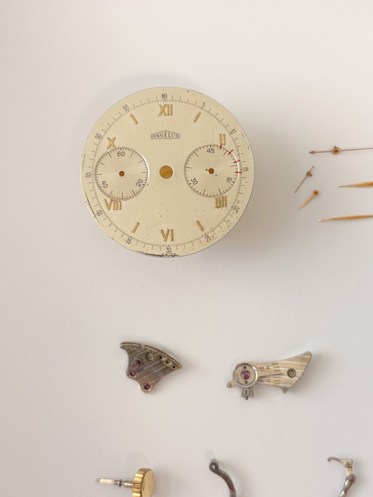 Angelus Cal 215 Chronograph Watch Movement Part Balance Fork Dial Hands Sub