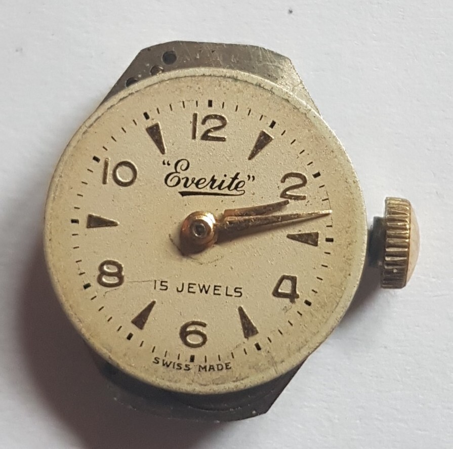 Vintage Ladies Everite Swiss Made 15 Jewels Watch Face and Movement For Repairs