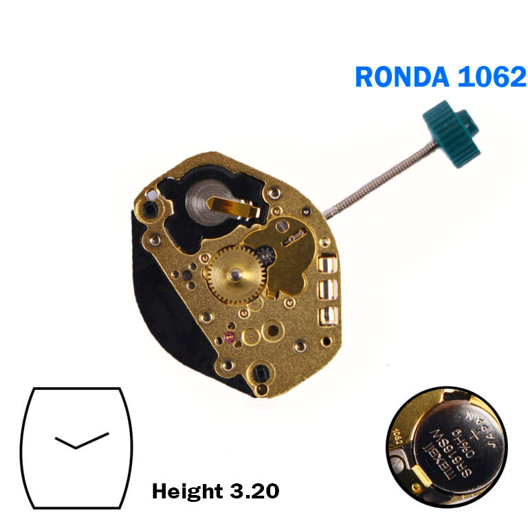 RONDA 1062 Swiss Quartz Movement- 3 Hands-W- 2 Hands-Height:3.20mm-Wihtout Disk.