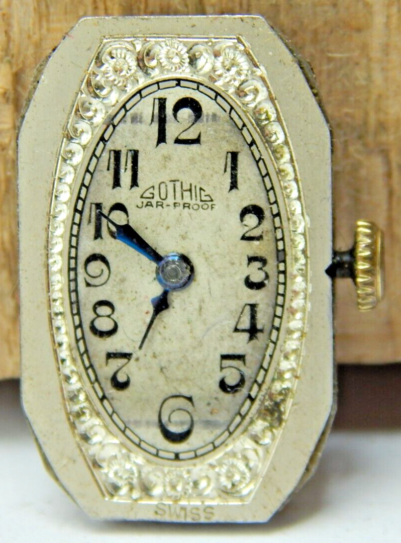 Vintage Gothic 17 jewel art deco Jar-Proof wrist watch movement w/ dial & Hands